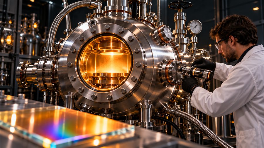 Engineer working on a stainless steel vacuum deposition chamber with a glowing viewport