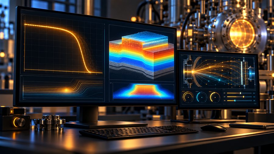 Scientific software on dark monitors: device simulation heat maps, JV curves, ion trajectories, and control dashboards