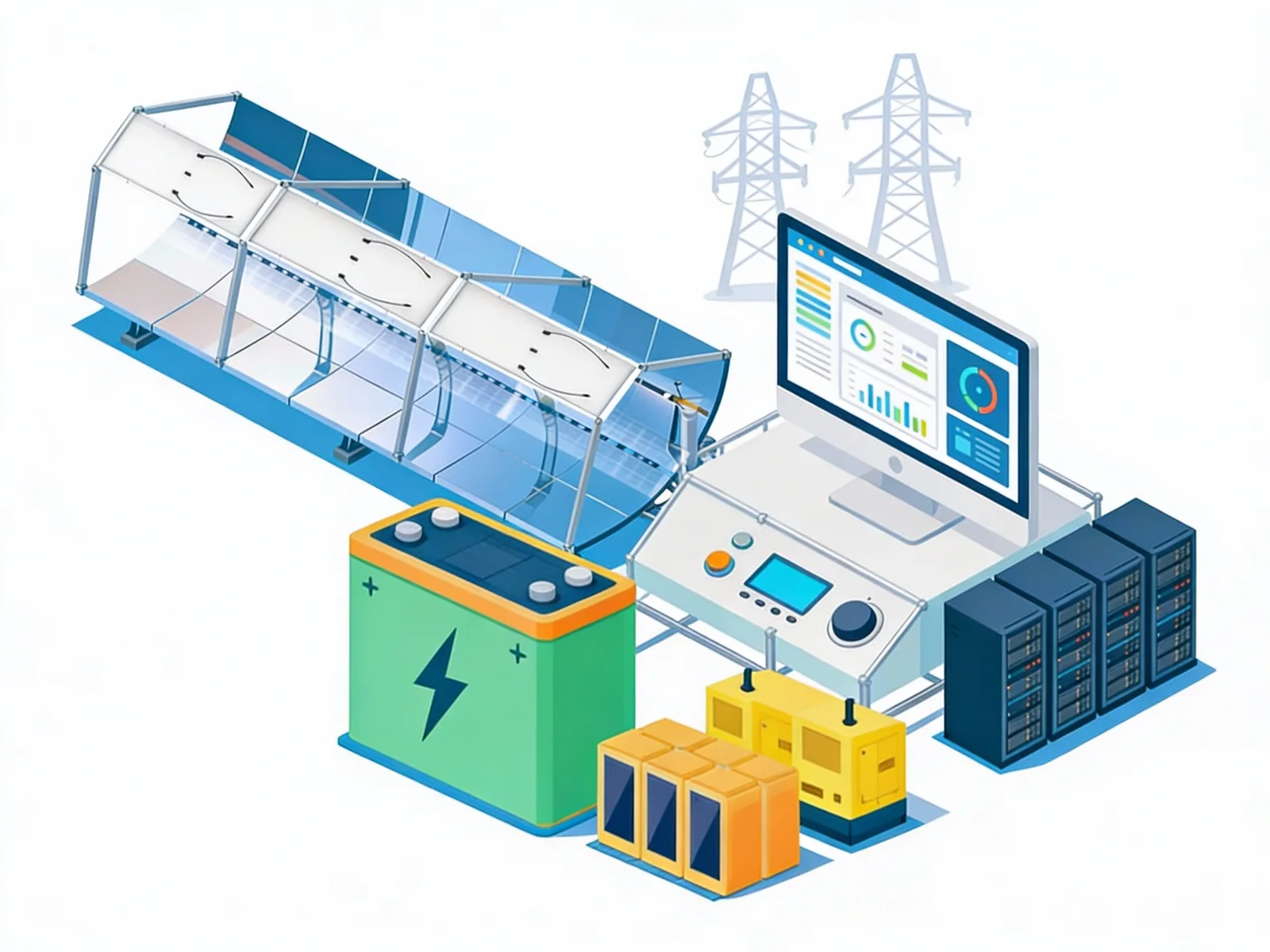 Illustration of a modular hybrid solar power block: concentrator PV, battery storage, AI power management, and compute loads